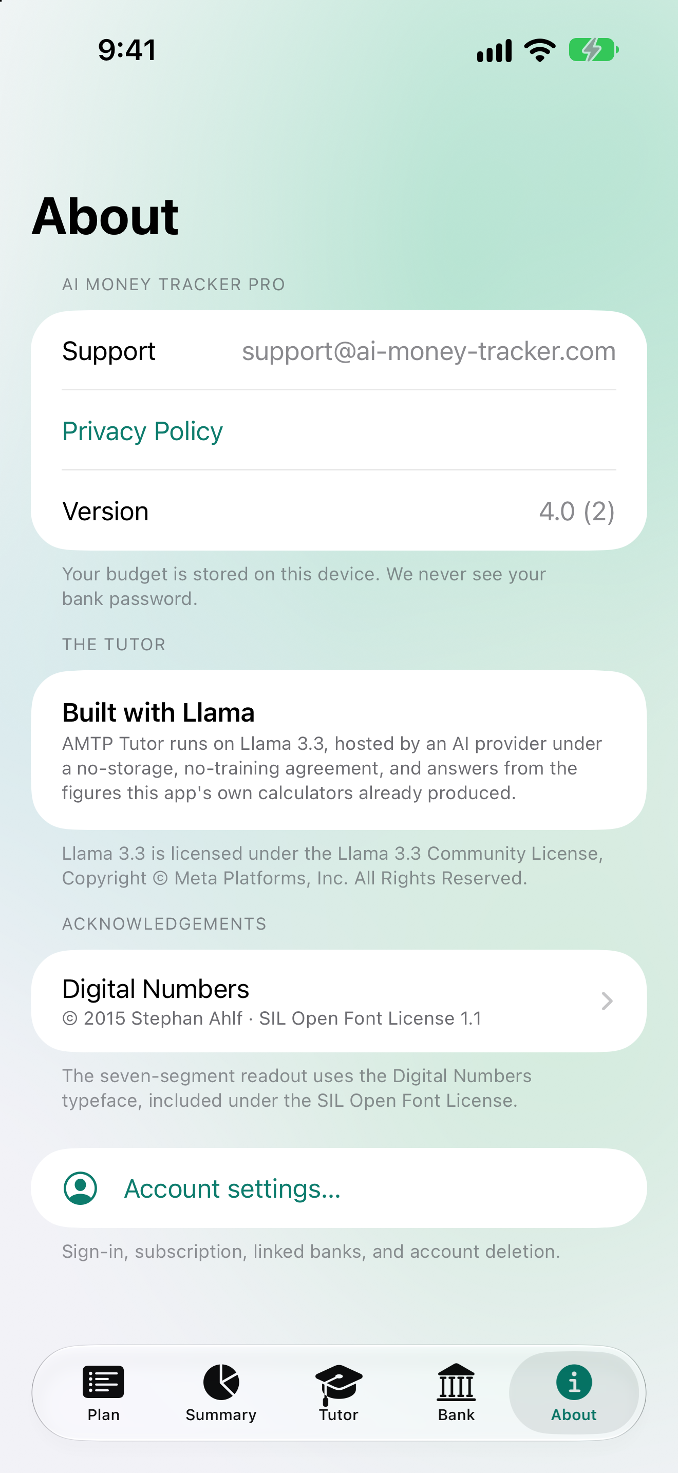 The about screen: privacy controls including full in-app account deletion