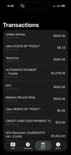 The bank screen: securely connected accounts and automatically imported transactions