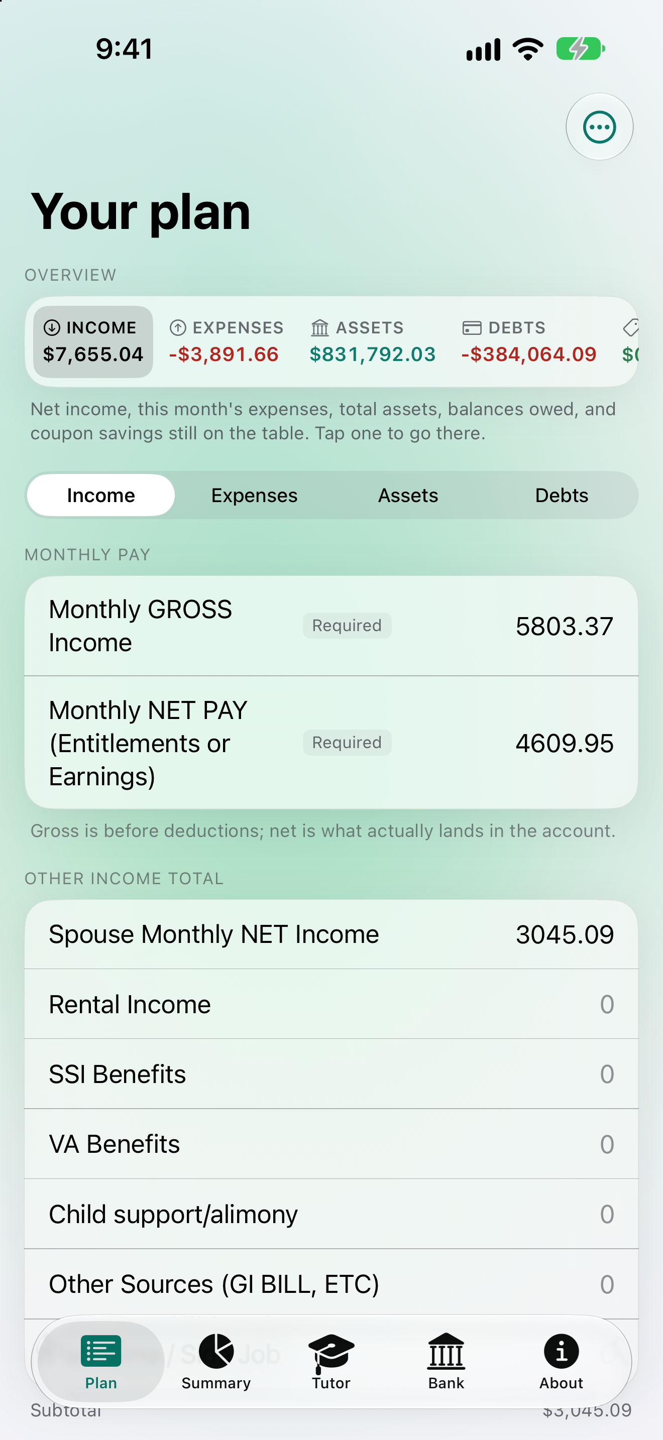 AI Money Tracker's Plan screen, the center of the app
