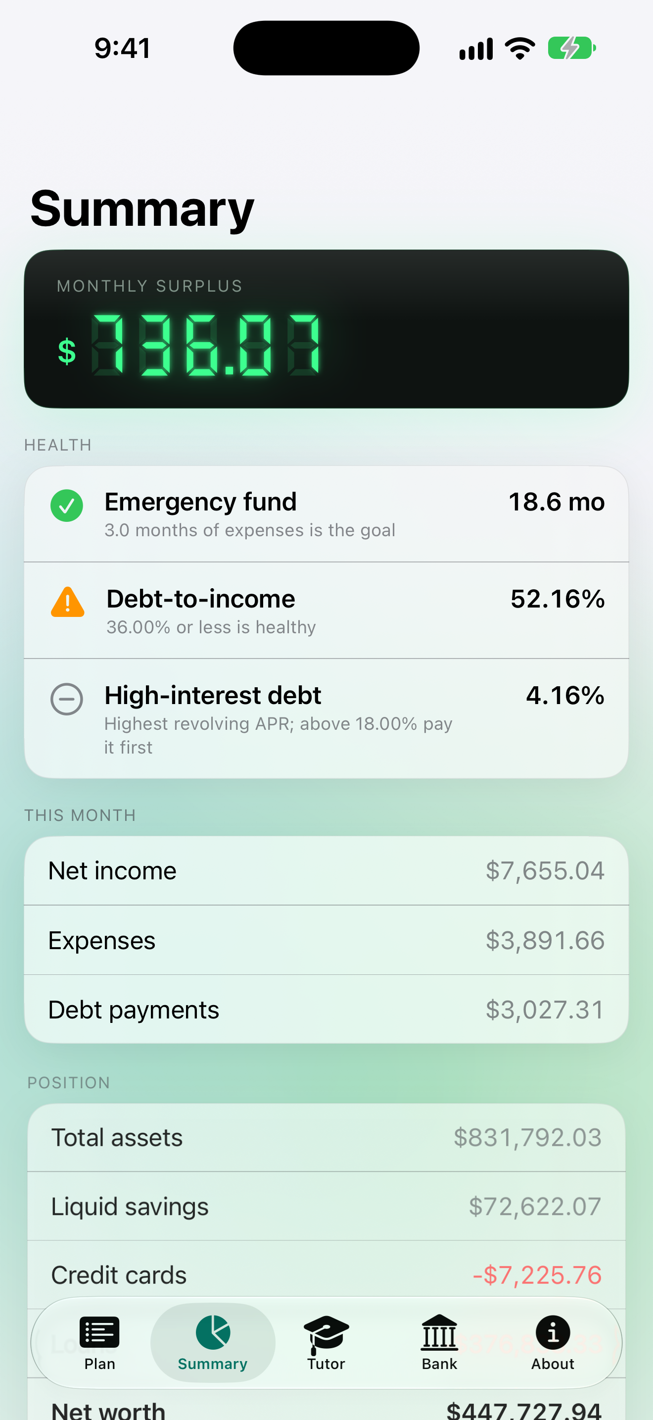 The summary screen: instant financial health checks and what to fix first